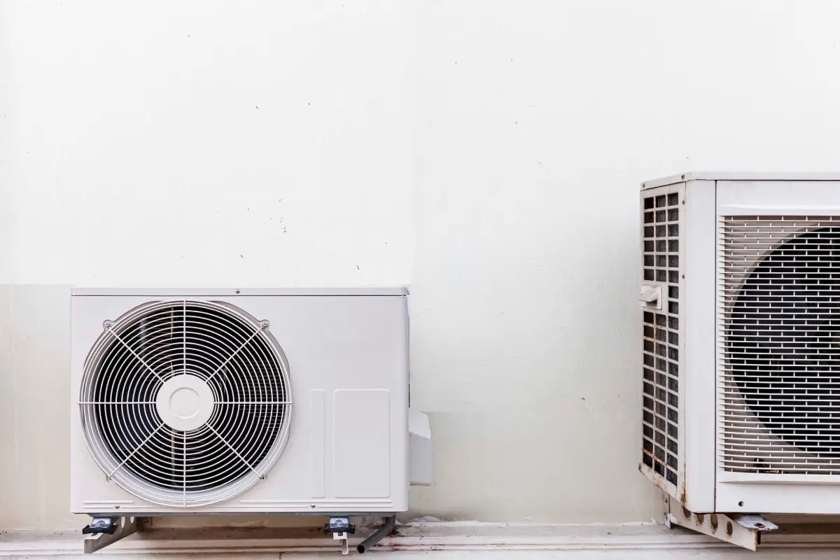 Commercial Heating & Cooling Banner Air conditioner compressor outdoor unit installed outside the building